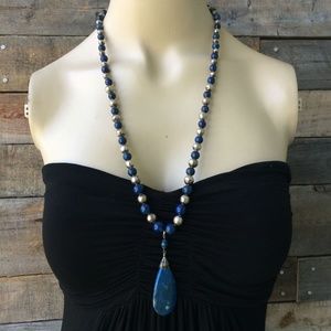 Long lapis lazuli necklace with silver beads